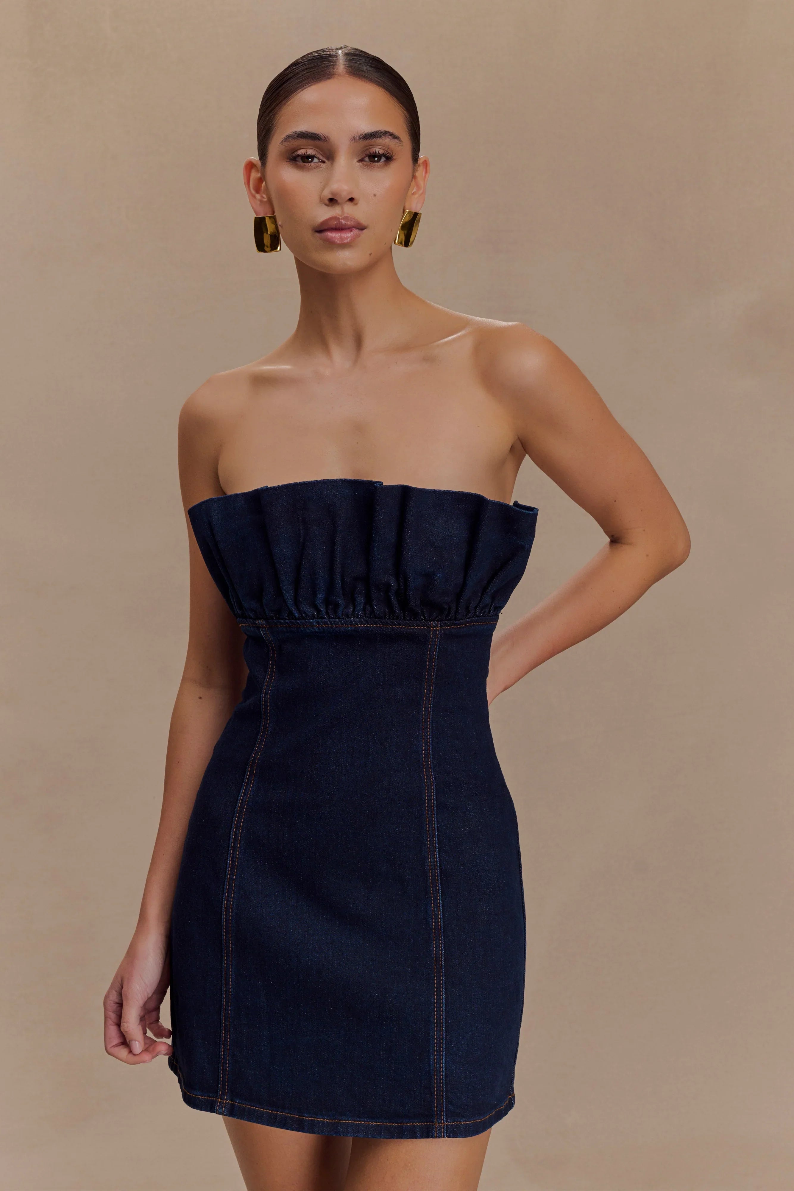 Raesha Frill Denim Mini Dress Indigo Blue