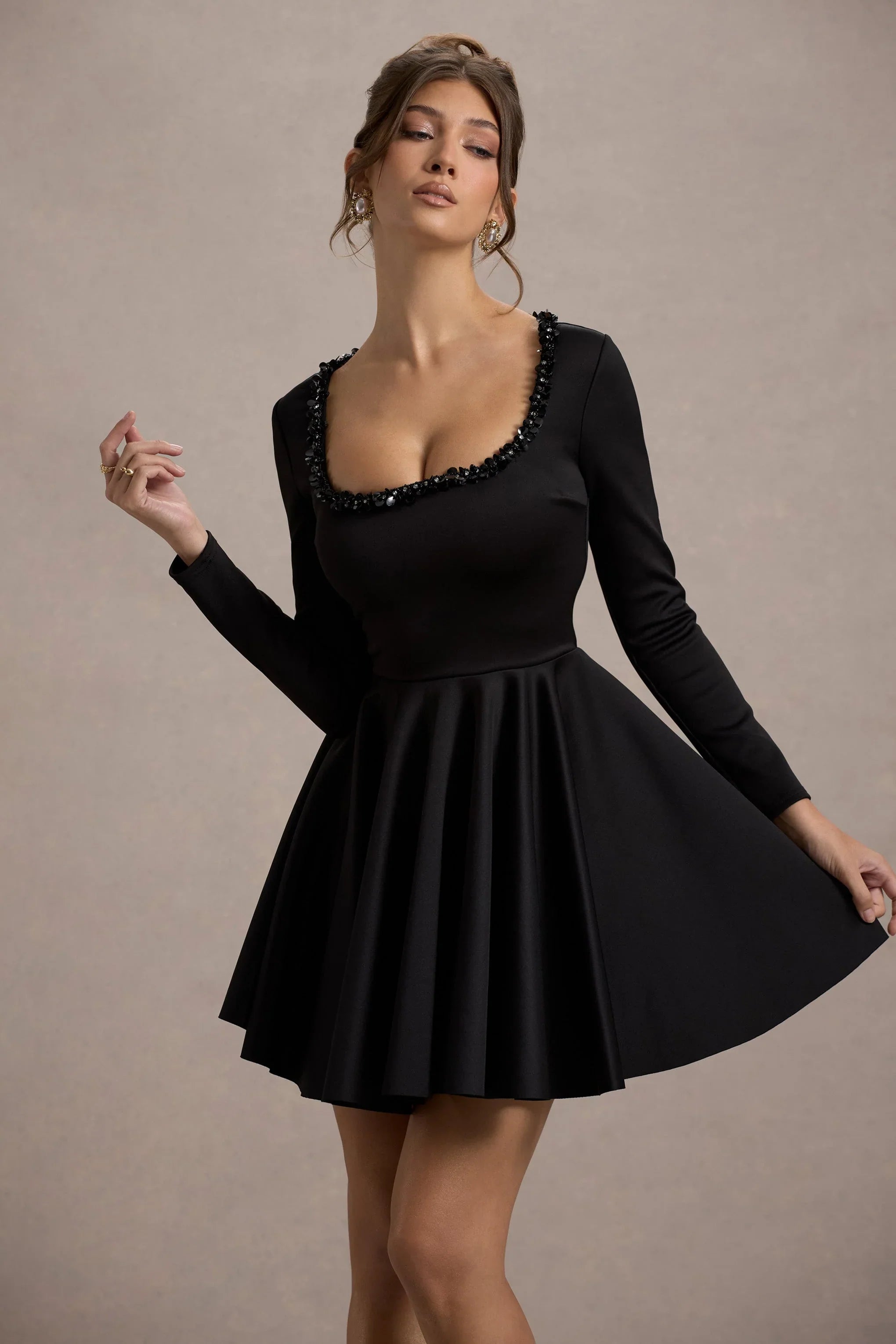 Wilder Black Embellished Square Neck Long Sleeve Skater Mini Dress