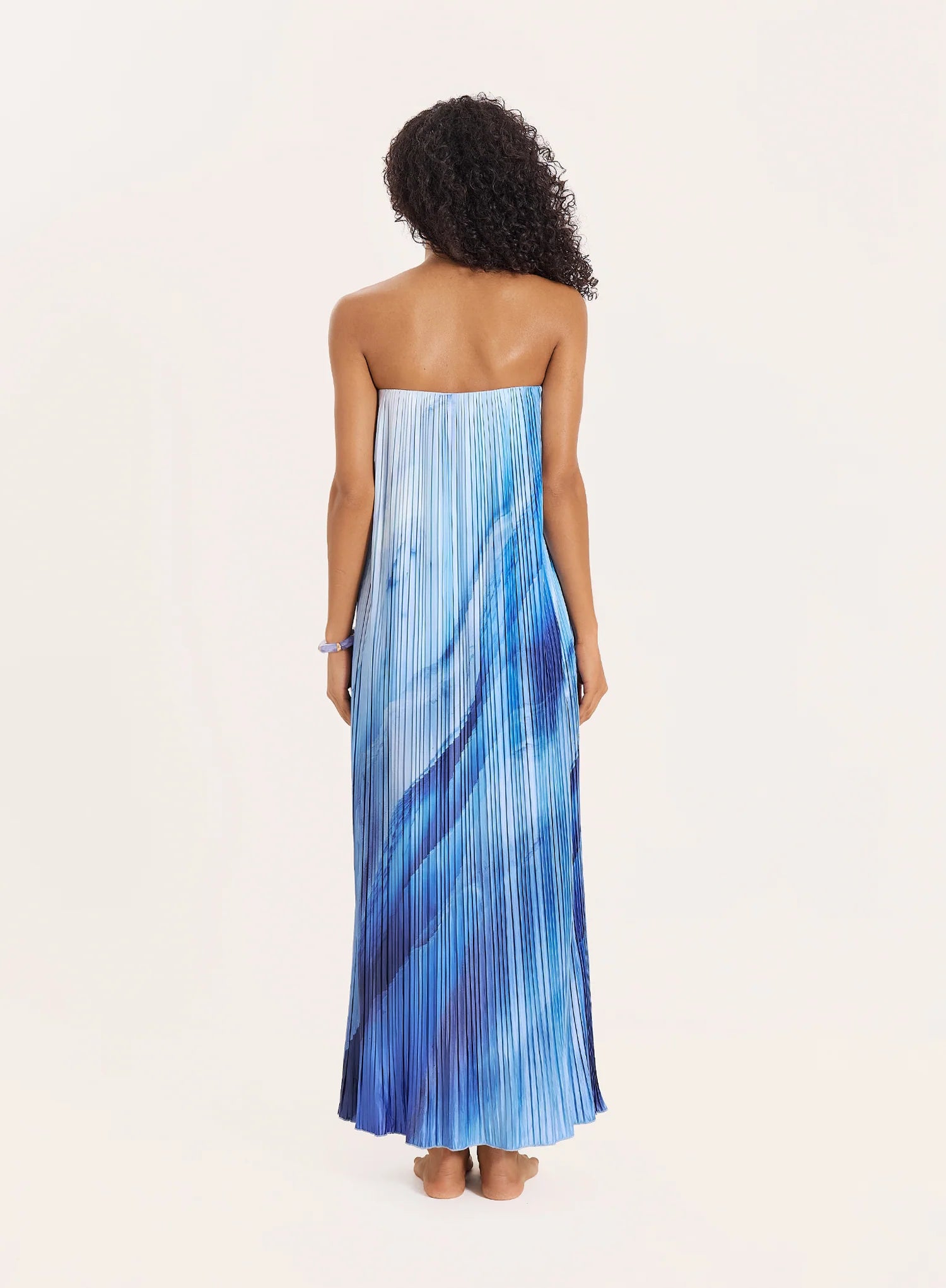 Blue Ombre Print Plisse Bandeau Maxi Dress