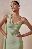 Kenza Mint Asymmetric Neck Maxi Dress With Scarf Detail