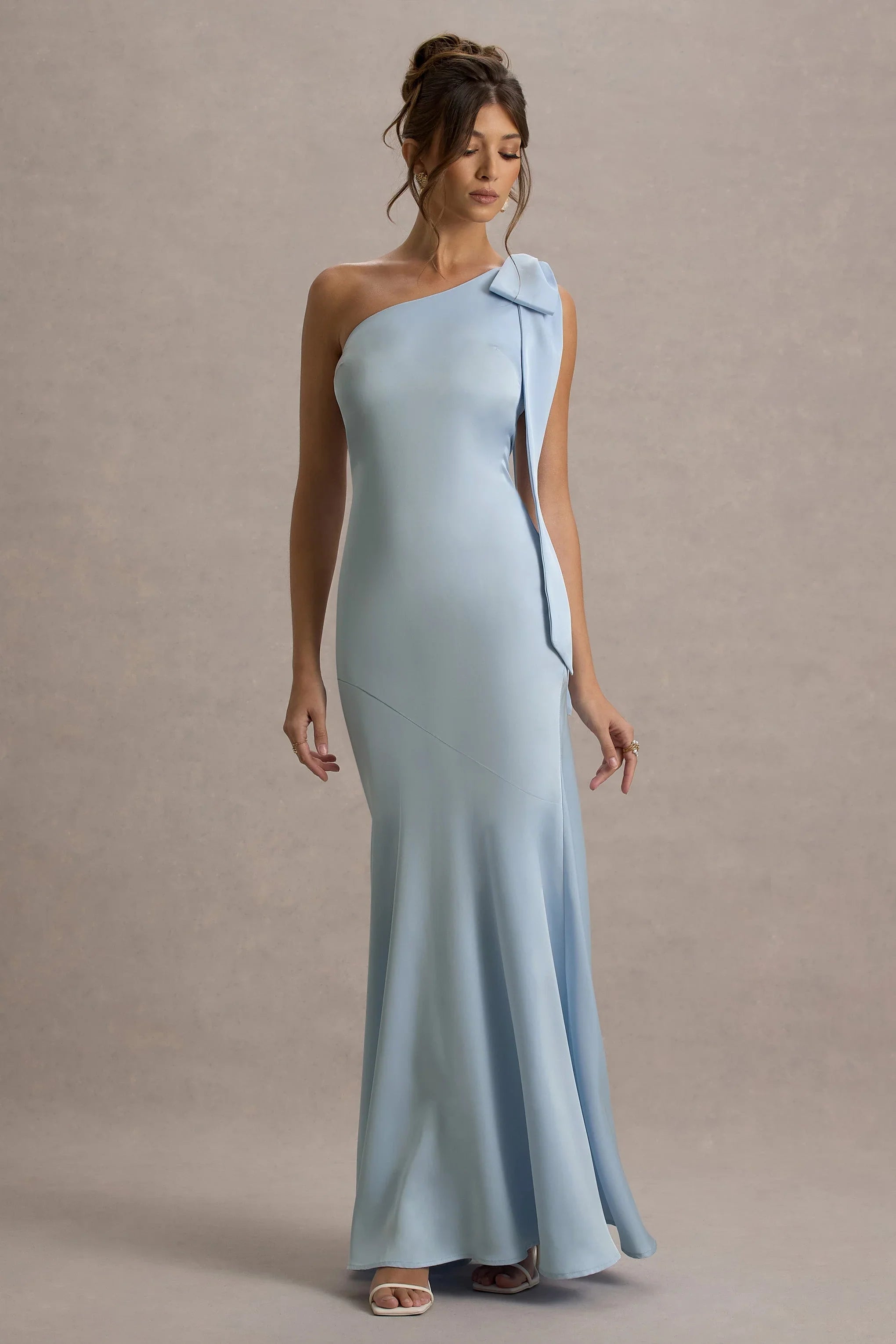 Here For Love Powder Blue Satin Asymmetric Maxi Dress With Bow