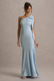 Here For Love Powder Blue Satin Asymmetric Maxi Dress With Bow