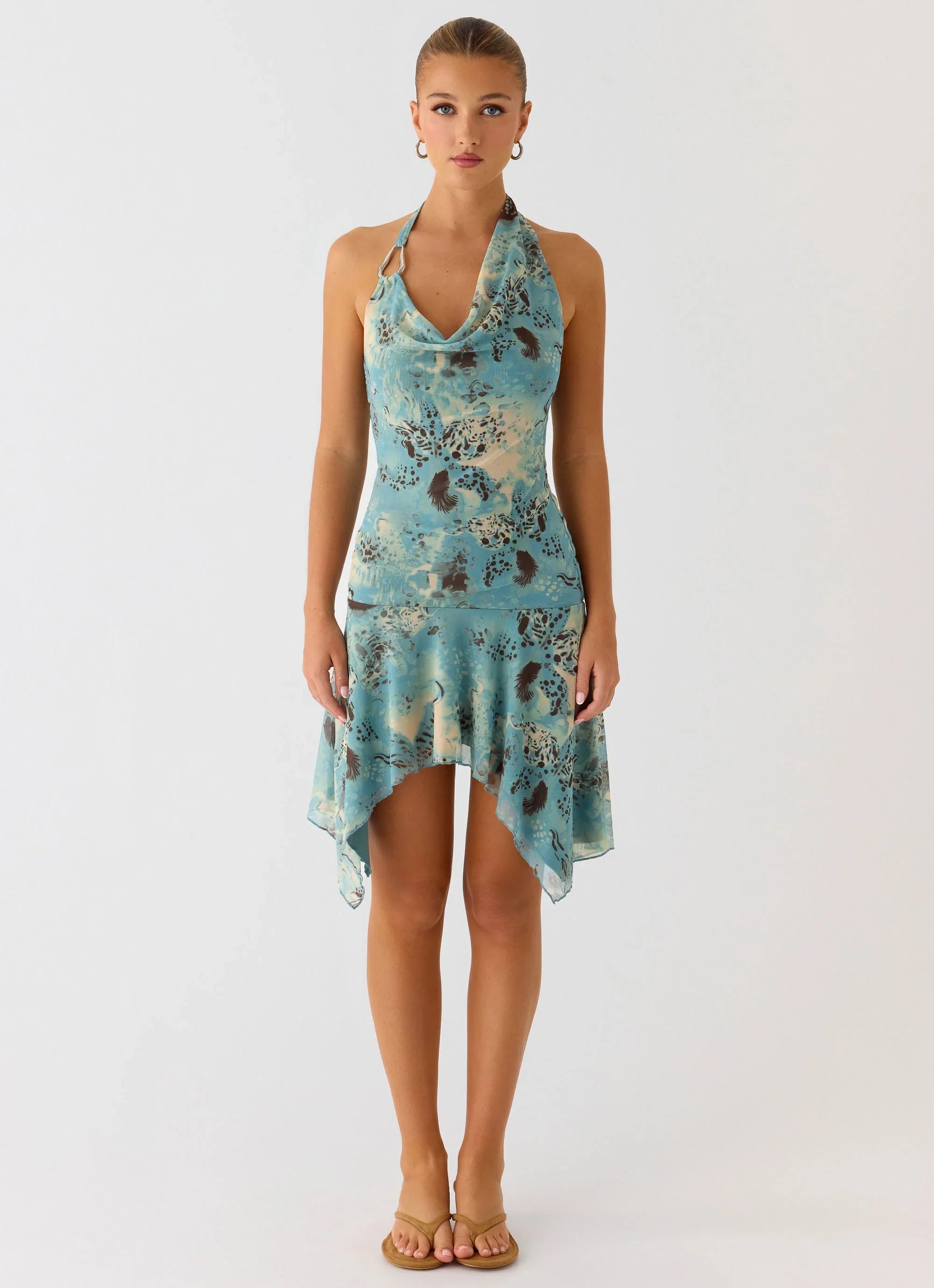Bad Alive Halter Hanky Mini Dress Aqua Blur