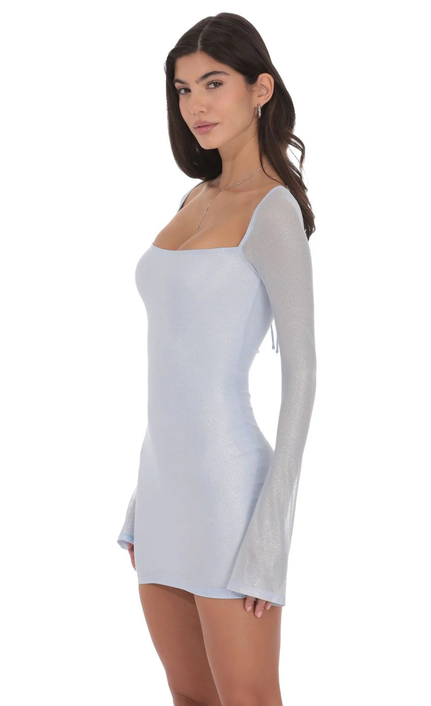 Foil Long Sleeve Bodycon Dress in Baby Blue