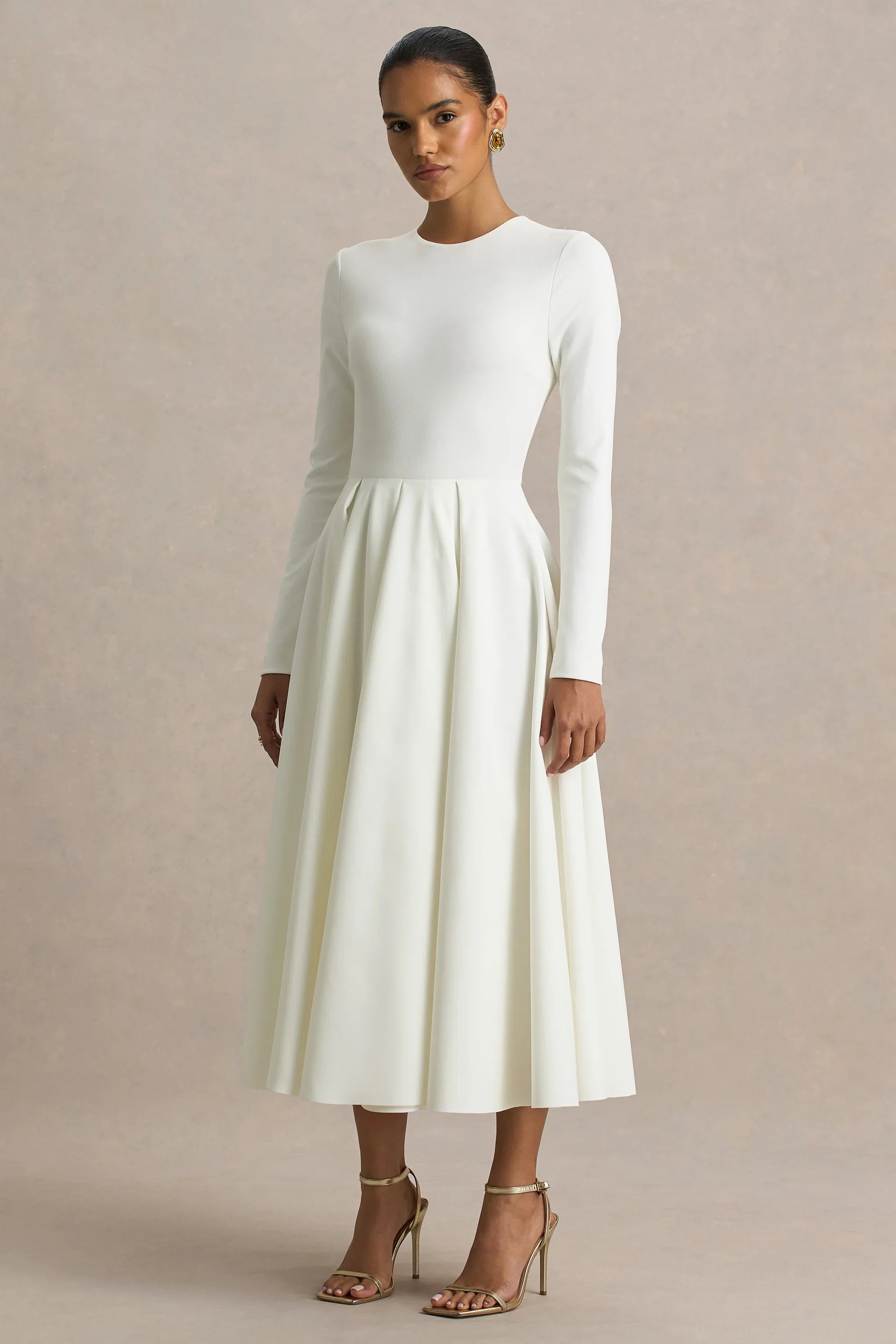 Bellamy Cream Crew Neck Long Sleeve Midi Dress