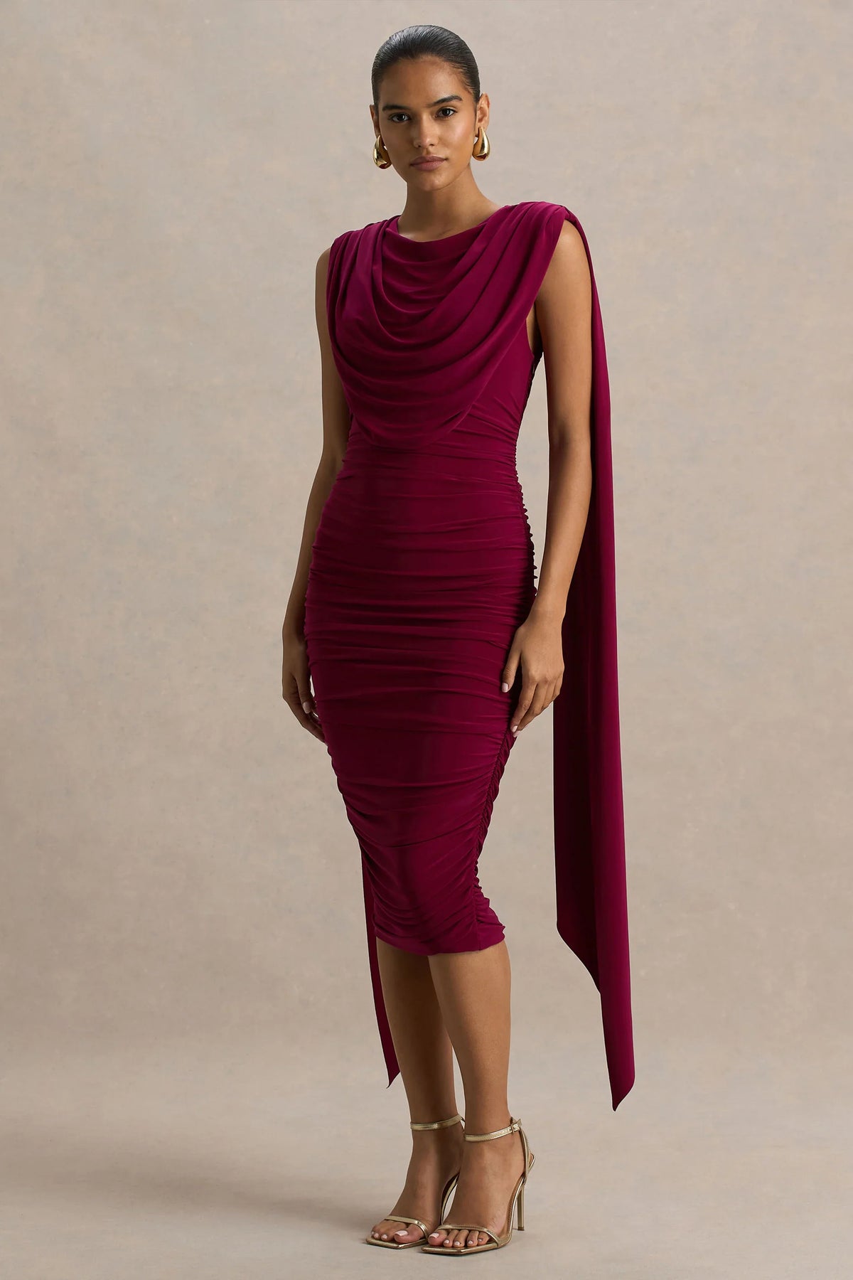 Wanderer Burgundy Crew Neck Midi Dress With Draped and Ruched Detailing