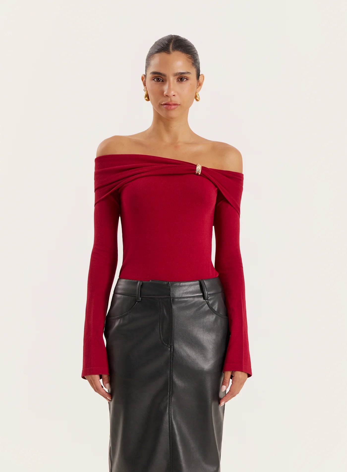 Red Gold Hardware Detail Knitted Long Sleeve Top