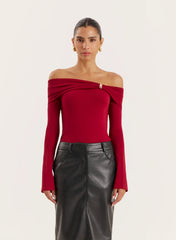Red Gold Hardware Detail Knitted Long Sleeve Top