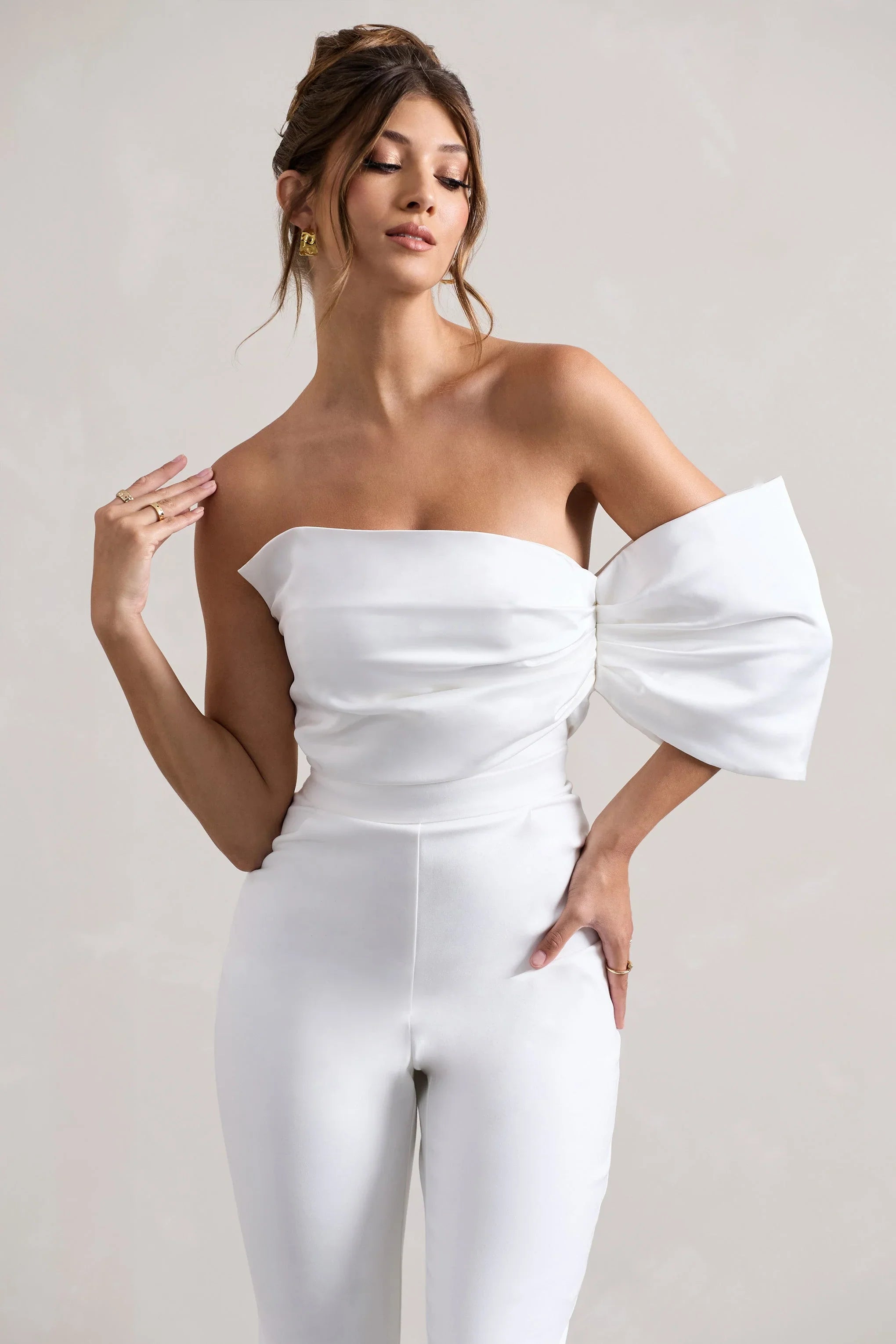Adabella White Satin Strapless One Sleeve Straight Leg Jumpsuit
