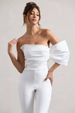 Adabella White Satin Strapless One Sleeve Straight Leg Jumpsuit