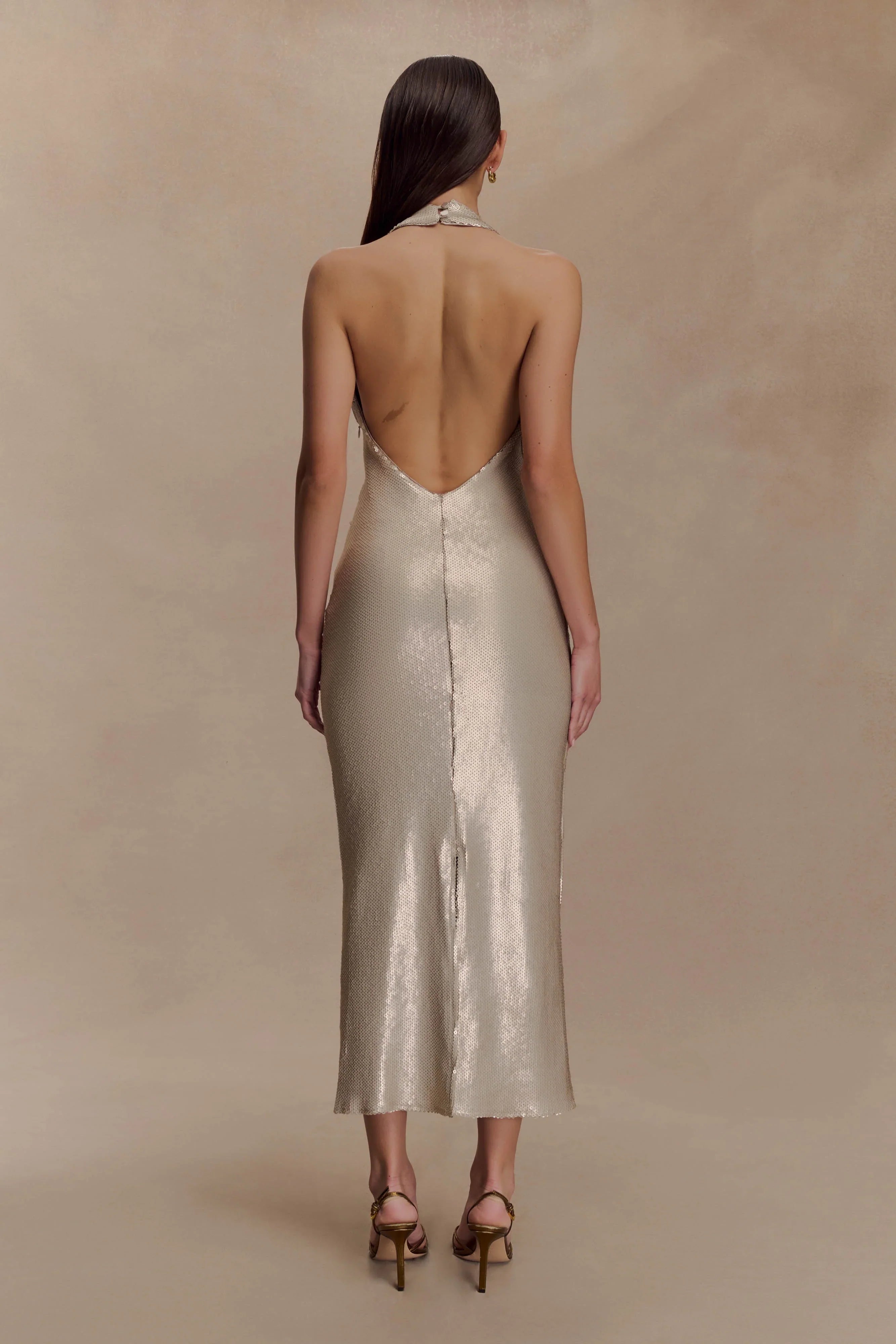 Carnation Sequin Halter Midi Dress Gold
