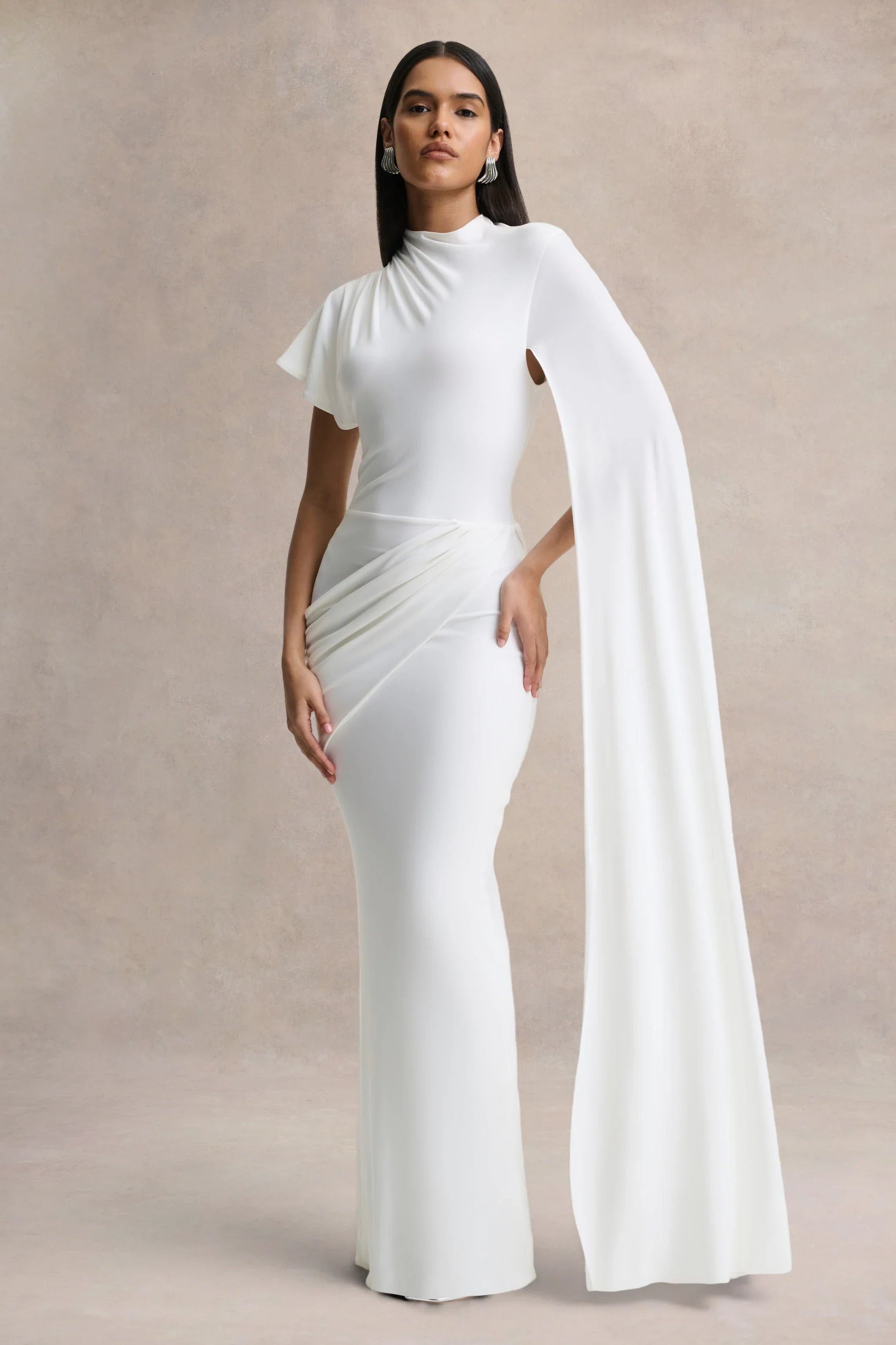 Tropic White High Neck Maxi With Long Cape Sleeve