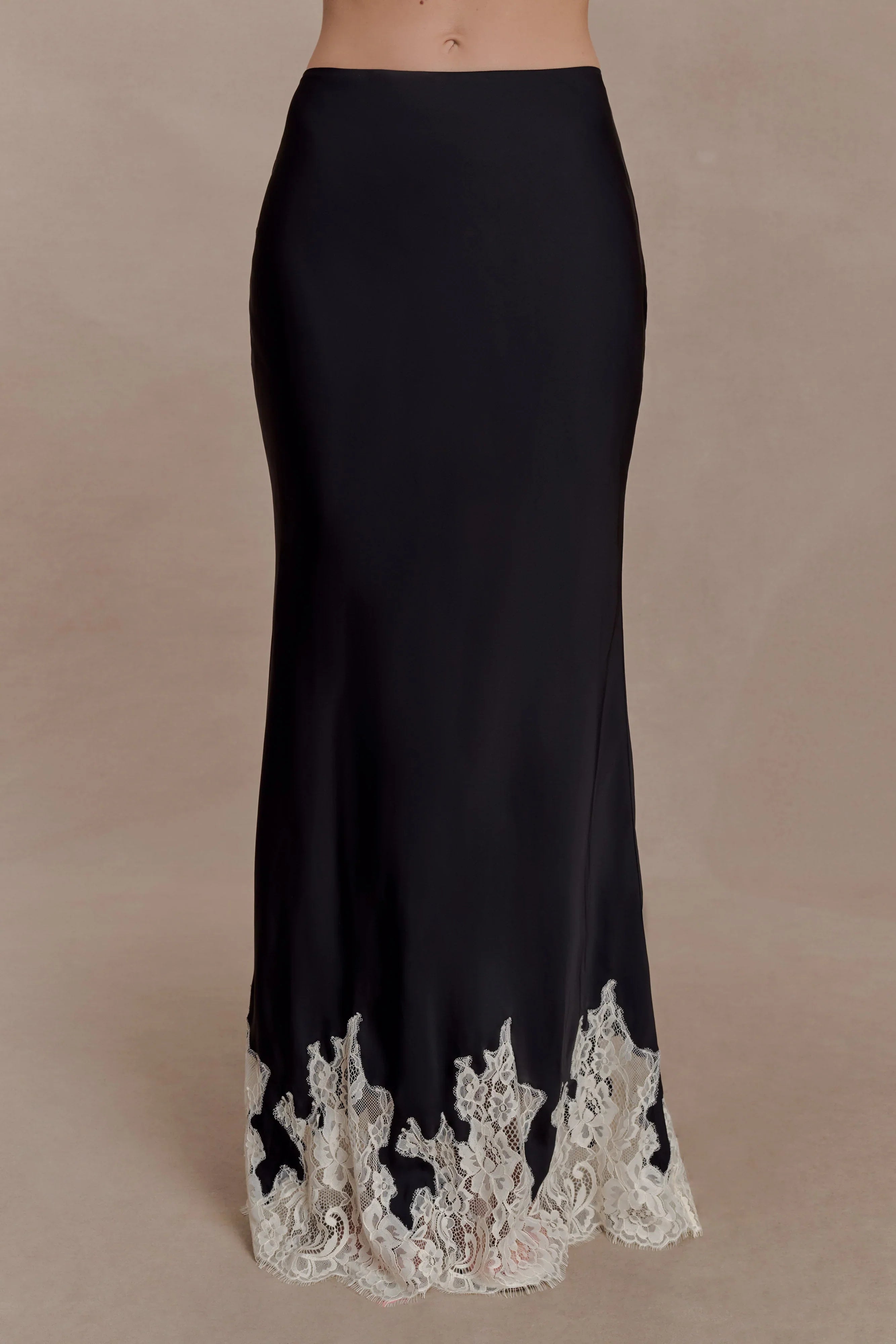 Nina Satin And Lace Maxi Skirt Black Ivory