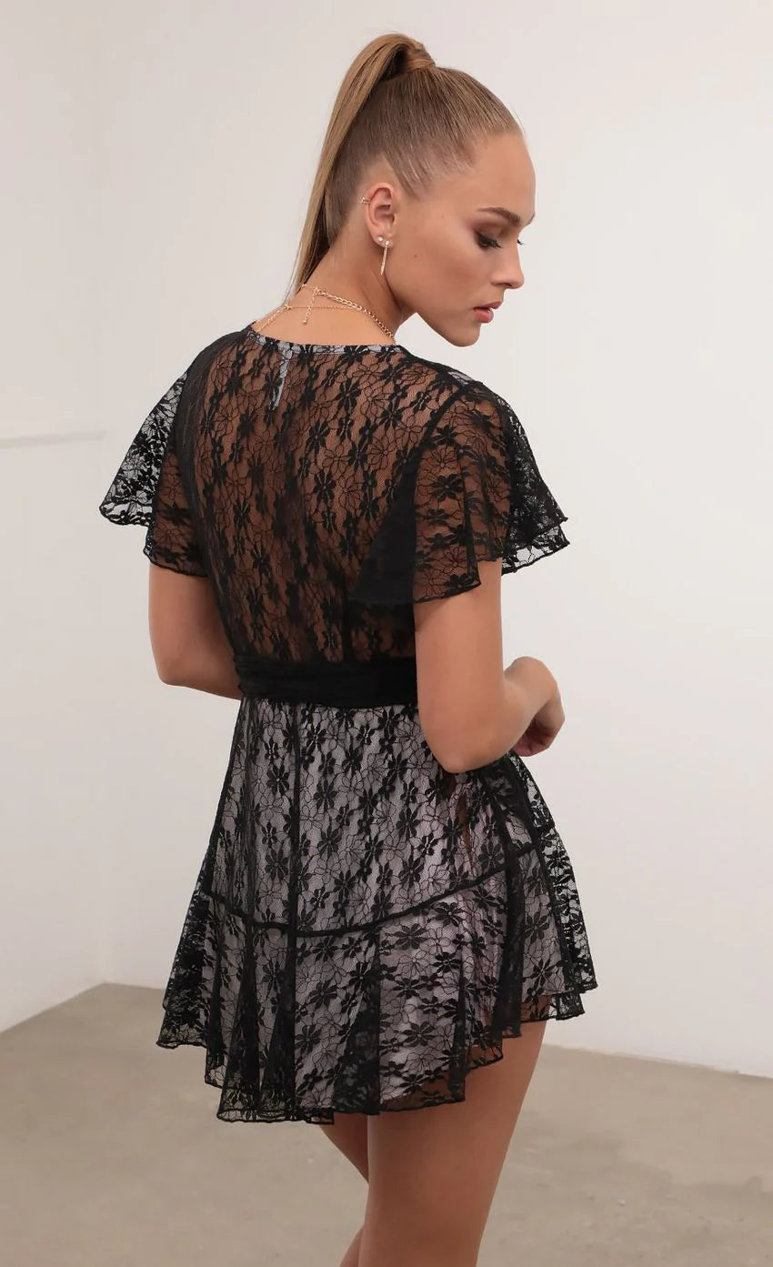 Wrap Dress in Black and Pink Lace