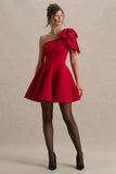 Prosperity Red Asymmetric Neck Mini Dress With Bow Detail