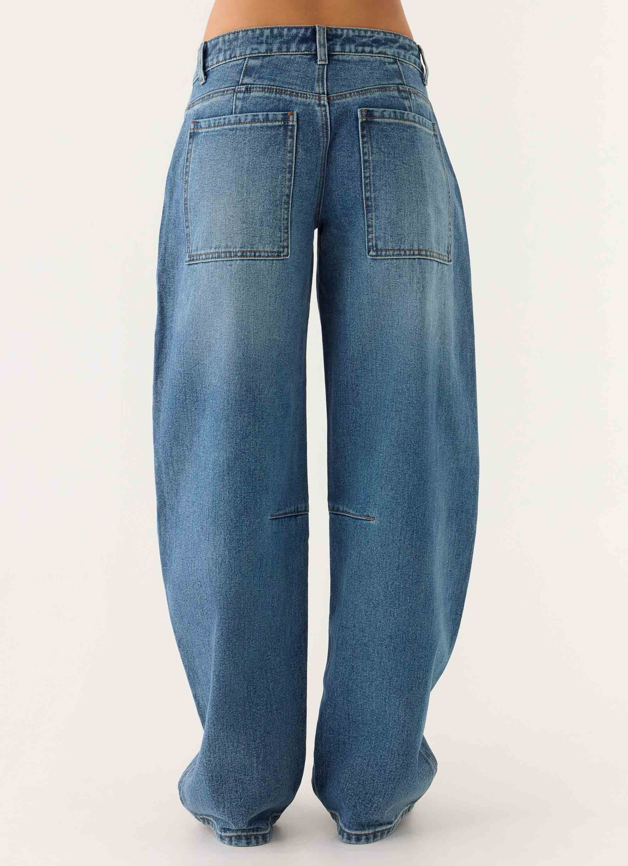 Stevie Low Rise Barrel Leg Denim Jeans Mid Wash Blue