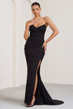 Elene Black Pleated Split Fishtail Maxi Dress