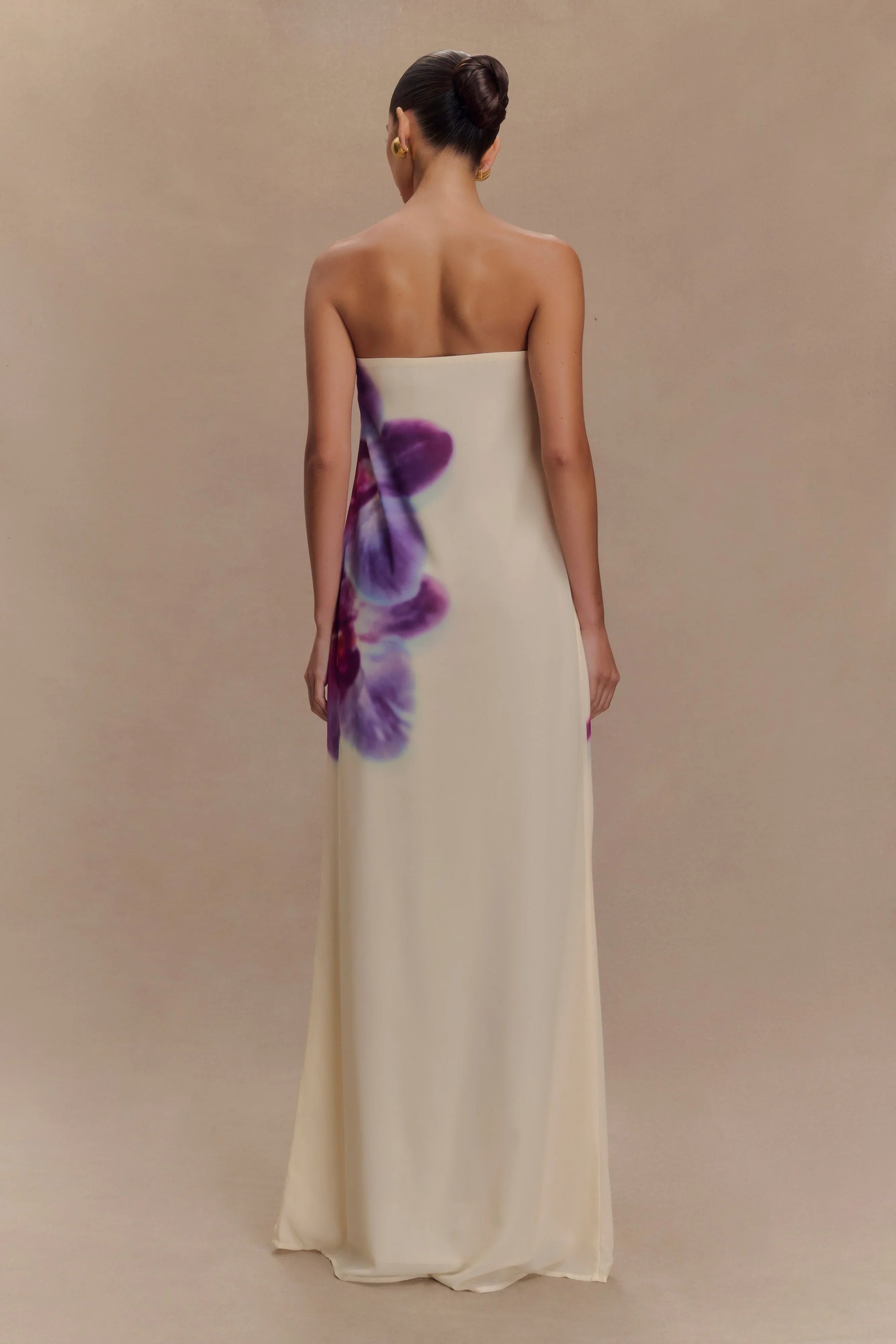 Amaya Strapless Chiffon Maxi Dress Ivory Koi Orchid Print