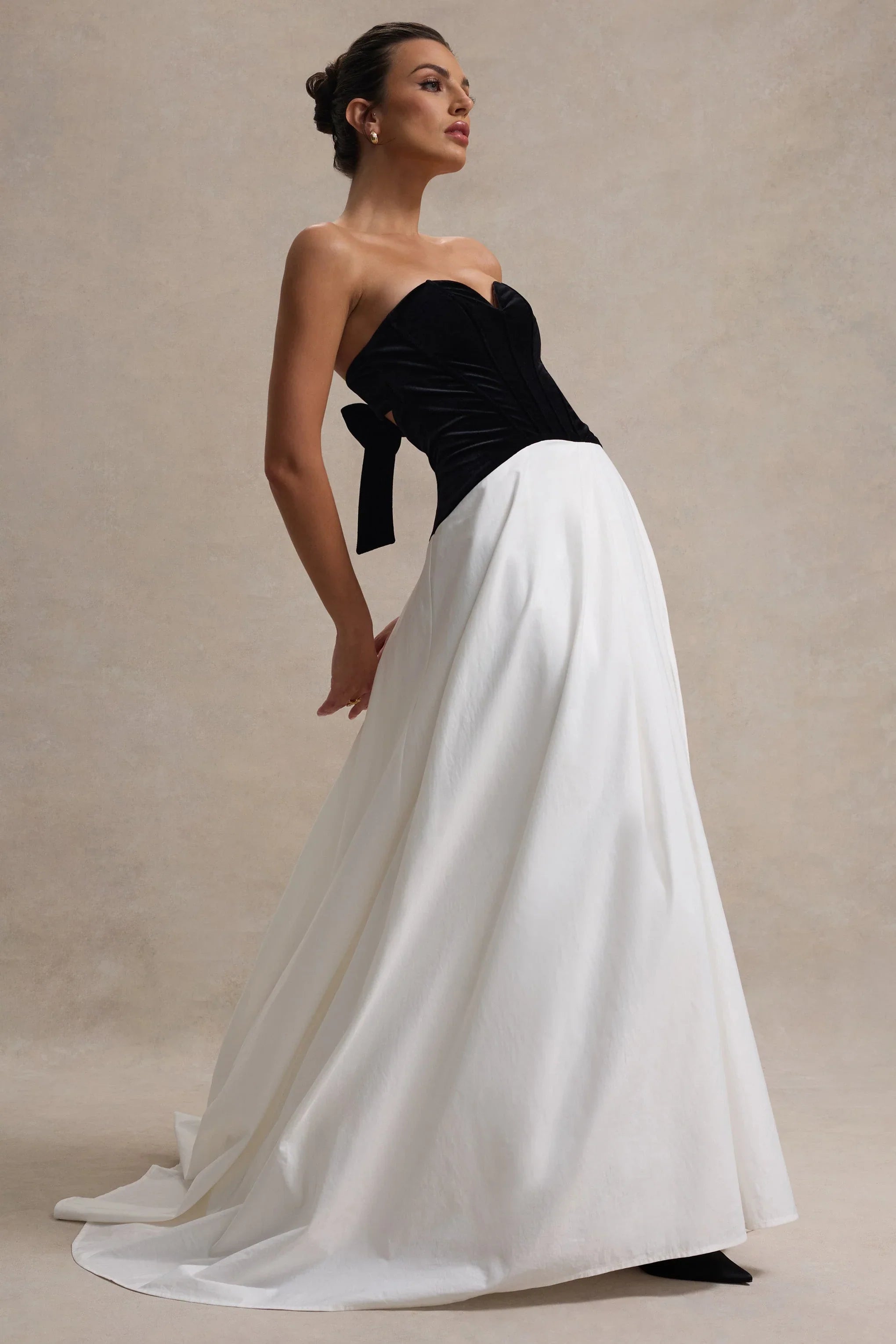 Lucienne Black Cream Sweetheart Corset Split Maxi Dress