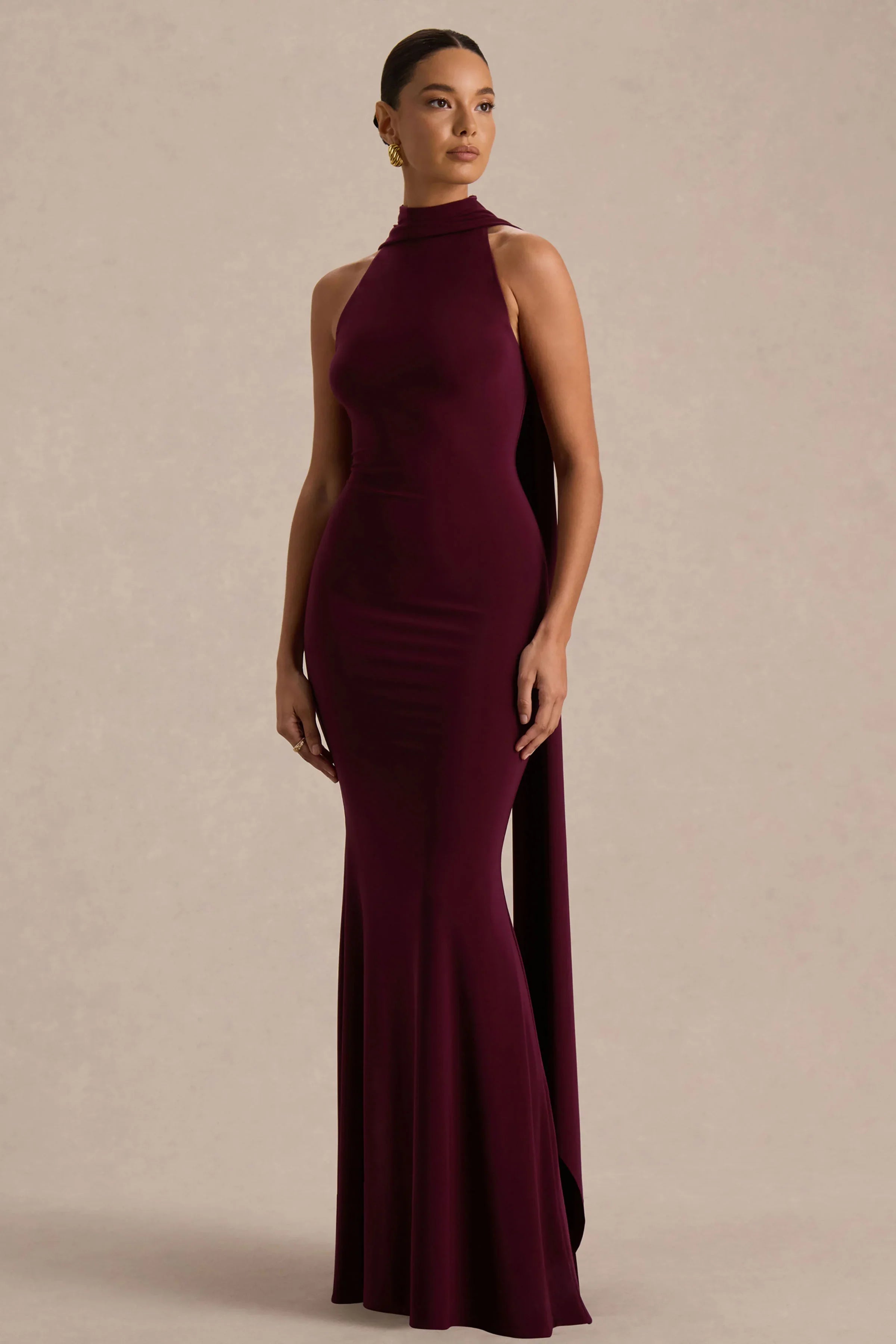 Cordy Burgundy High Neck Maxi Dress With Scarf Detail