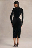 Francine Black Velvet Round Neck Midi Dress With Cut Out Details