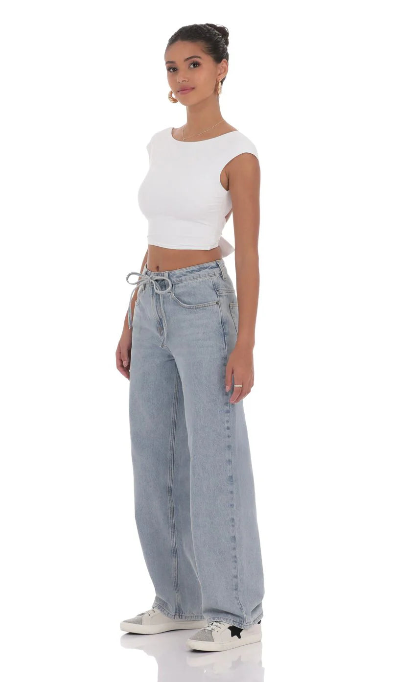 Drawstring Denim Jeans in Blue Wash