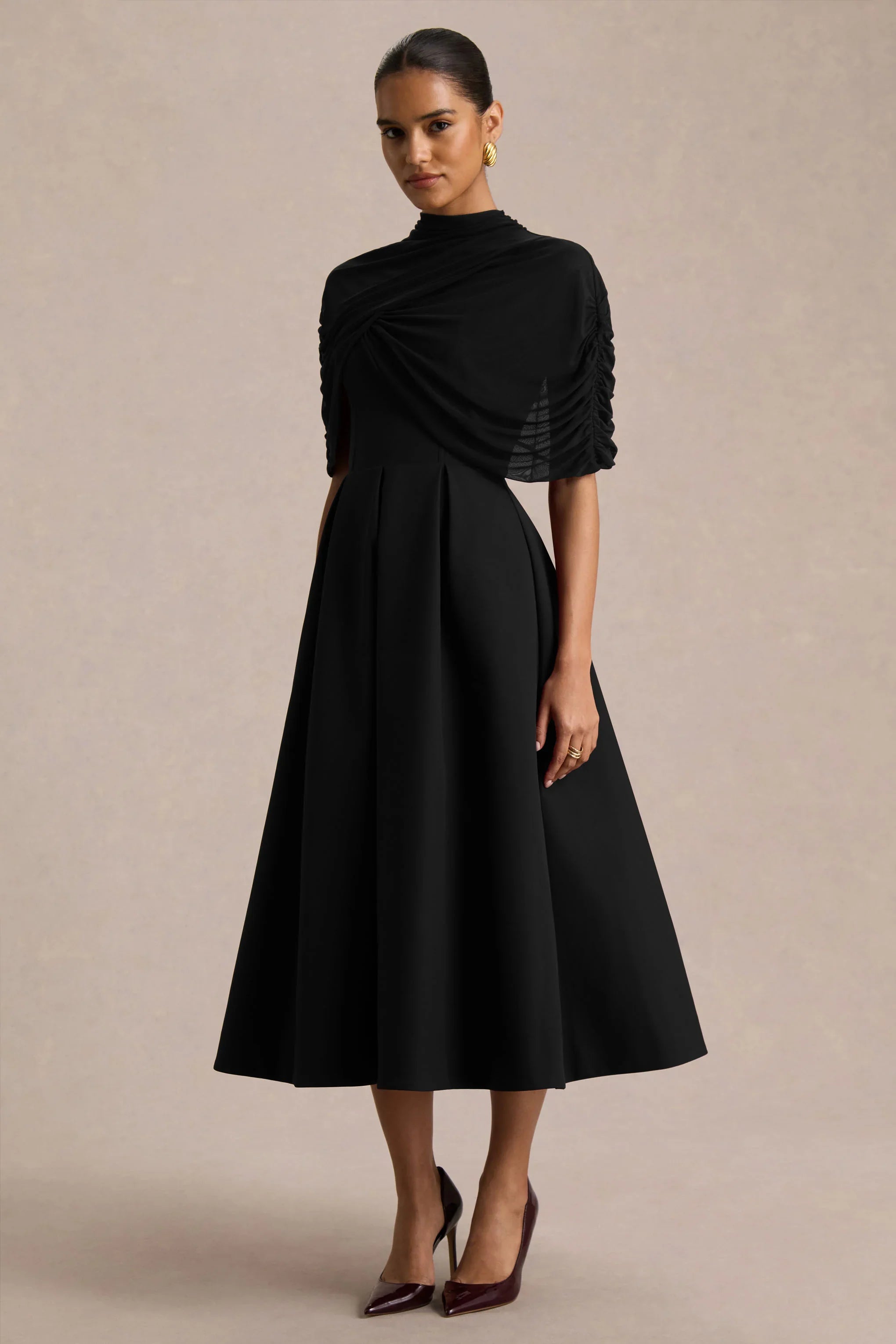 Thalia Black High Neck Midi Dress With Sheer Mesh Cape