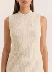 Beige High Neck Knitted Sleeveless Dress