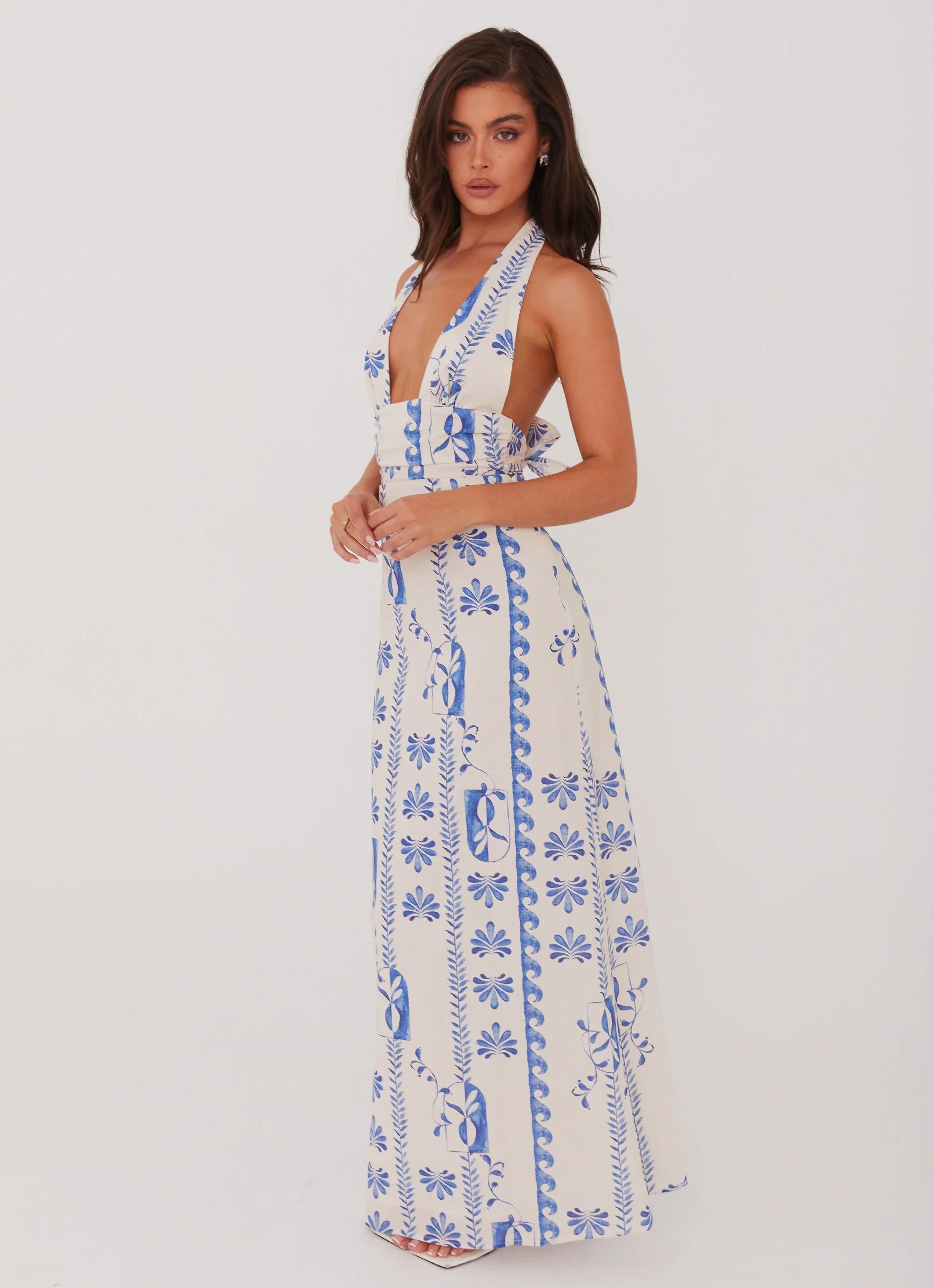 Sky Linen Maxi Dress Floral Wave