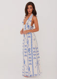 Sky Linen Maxi Dress Floral Wave