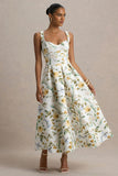 Rosemary Floral Print Sweetheart Midi Dress With Drop Waist