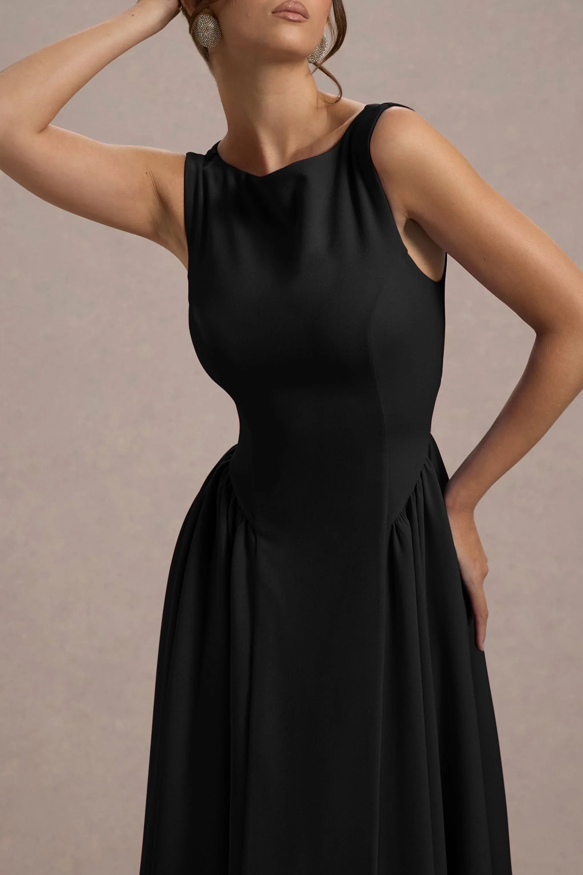 Muriel Black Boat Neck Volume Hem Midi Dress