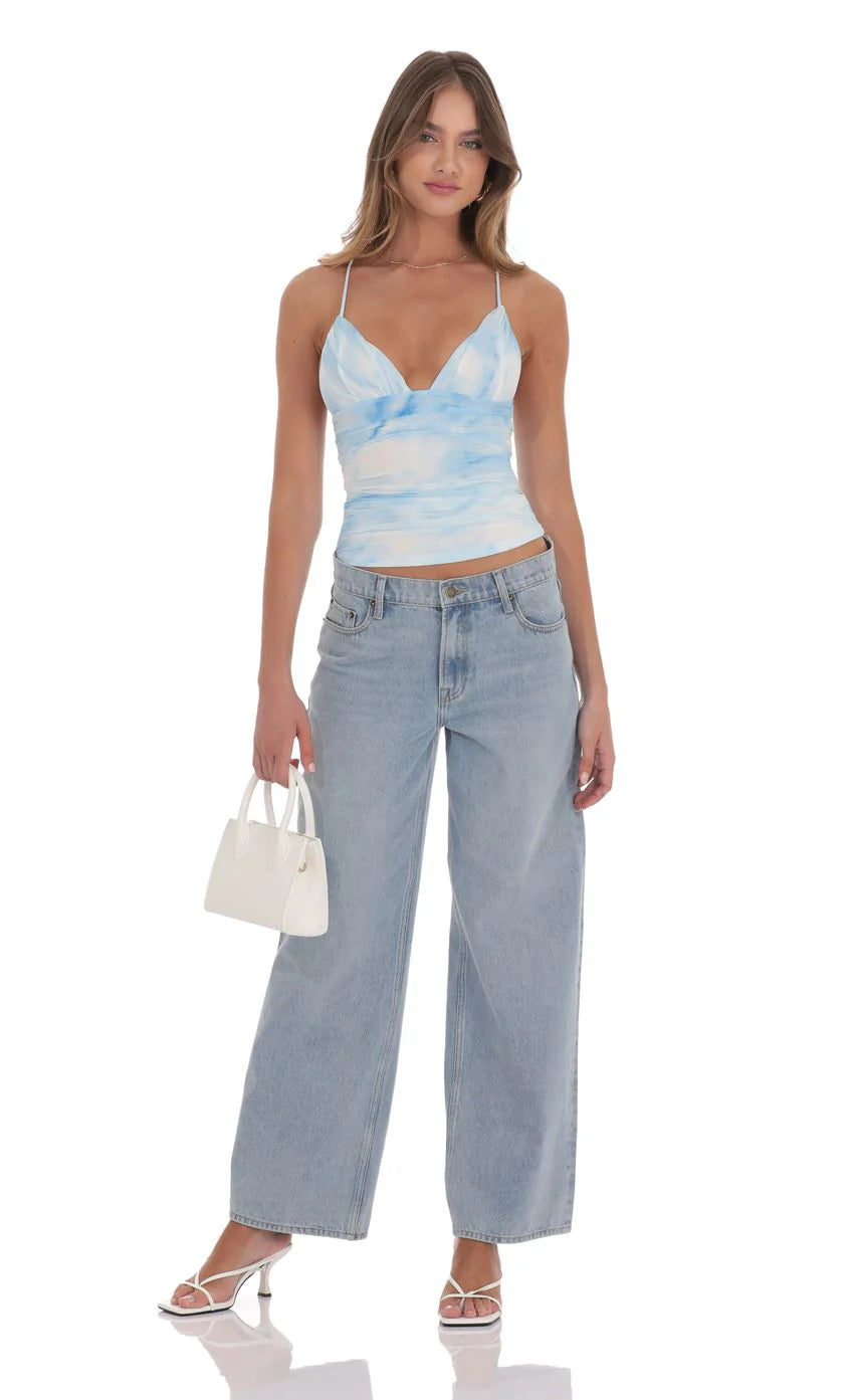 Swirl Mesh V Neck Top in Blue
