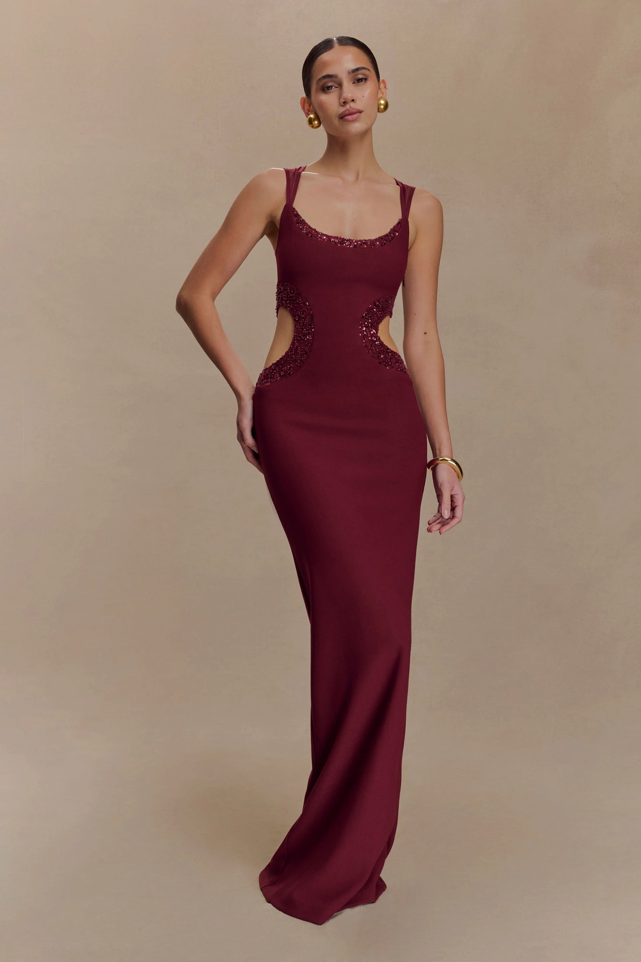 Angelique Beaded Crepe Maxi Dress Wine