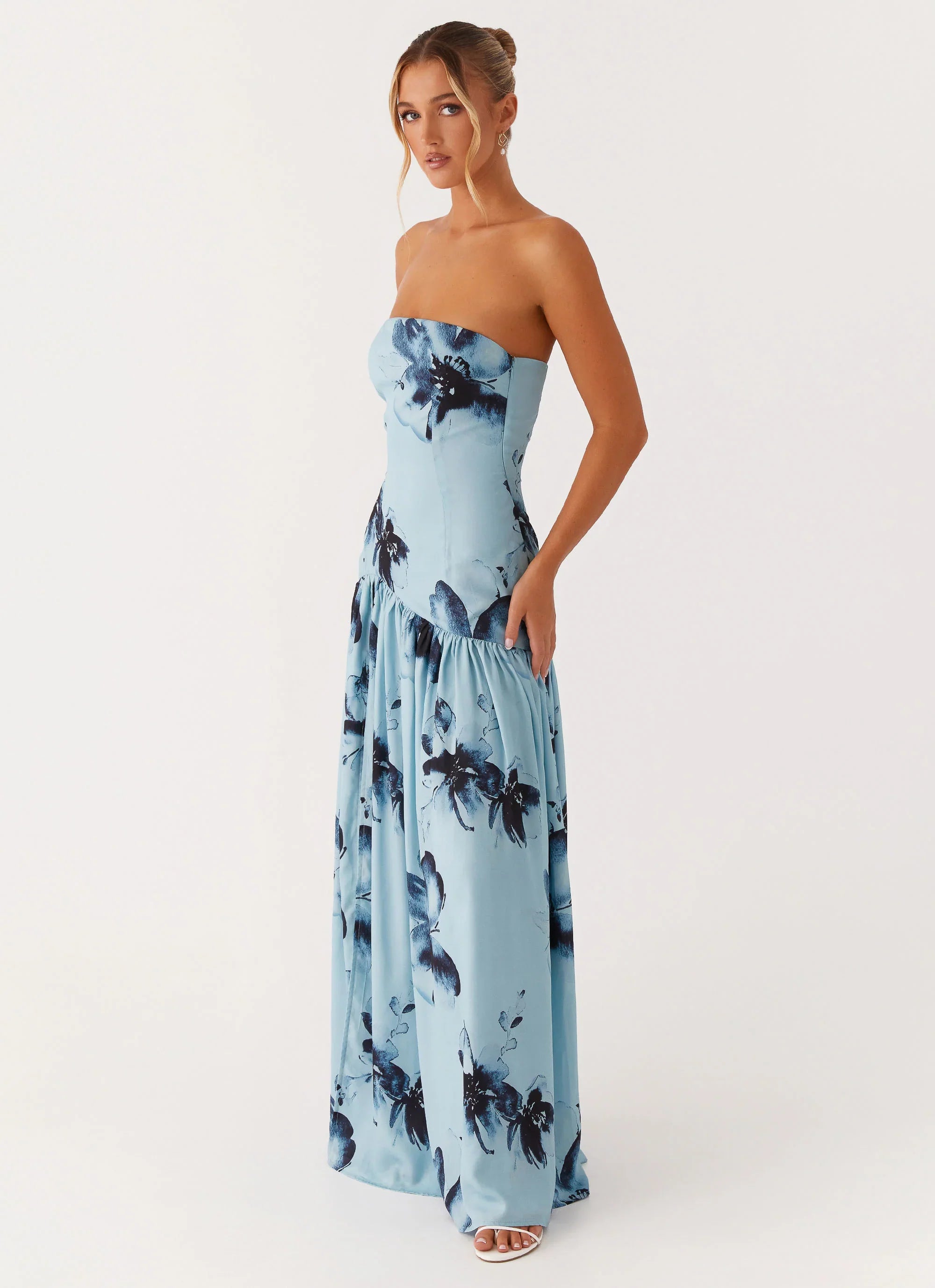 Eden Strapless Maxi Dress Blue Black Floral