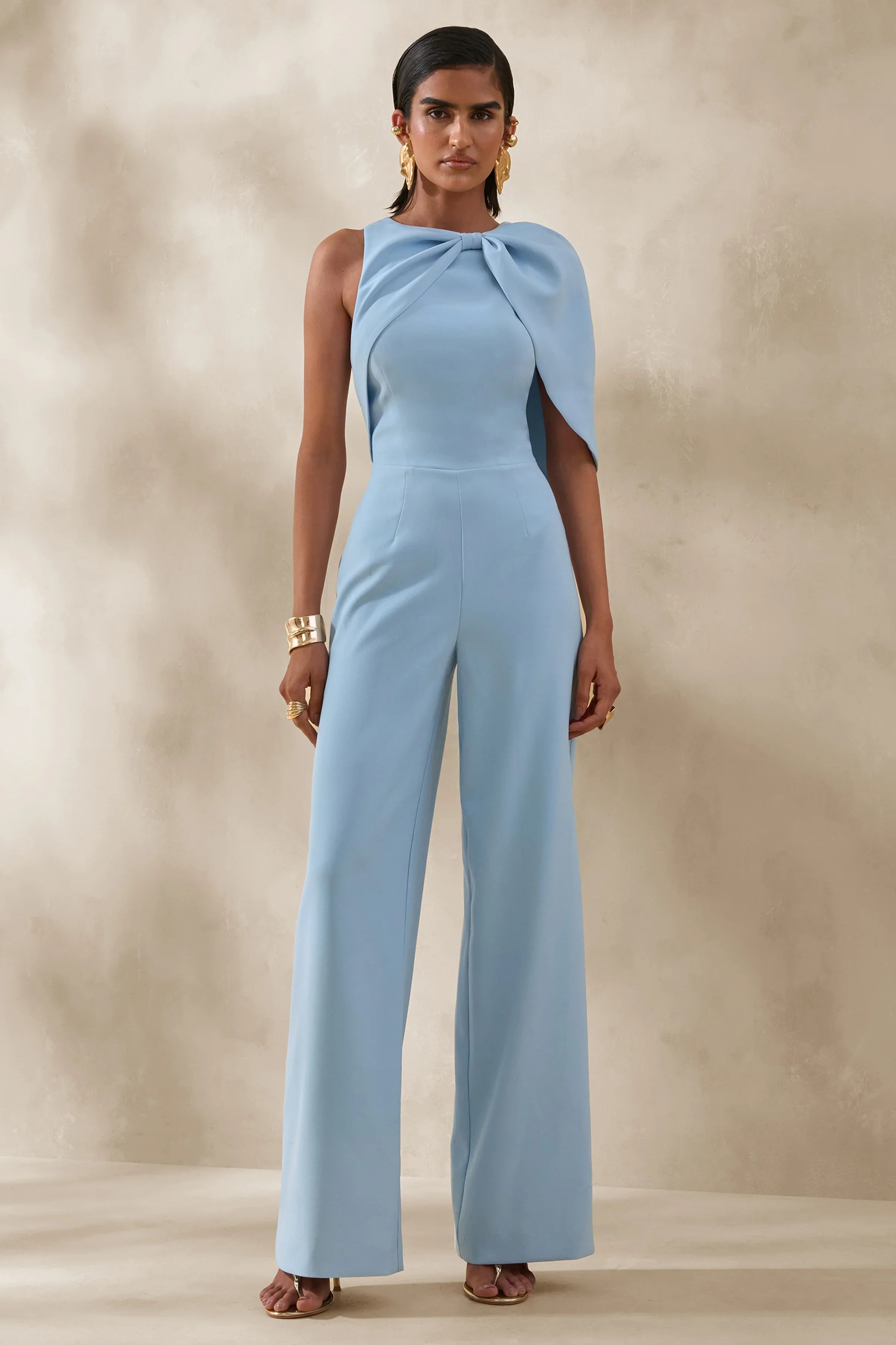 Quinley Powder Blue Asymmetric Neck Jumpsuit With Cape Sleeve