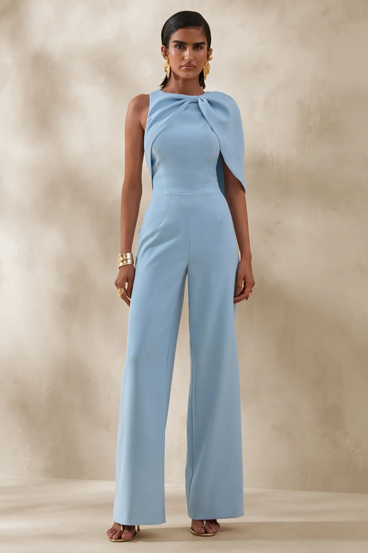 Quinley Powder Blue Asymmetric Neck Jumpsuit With Cape Sleeve