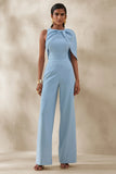 Quinley Powder Blue Asymmetric Neck Jumpsuit With Cape Sleeve