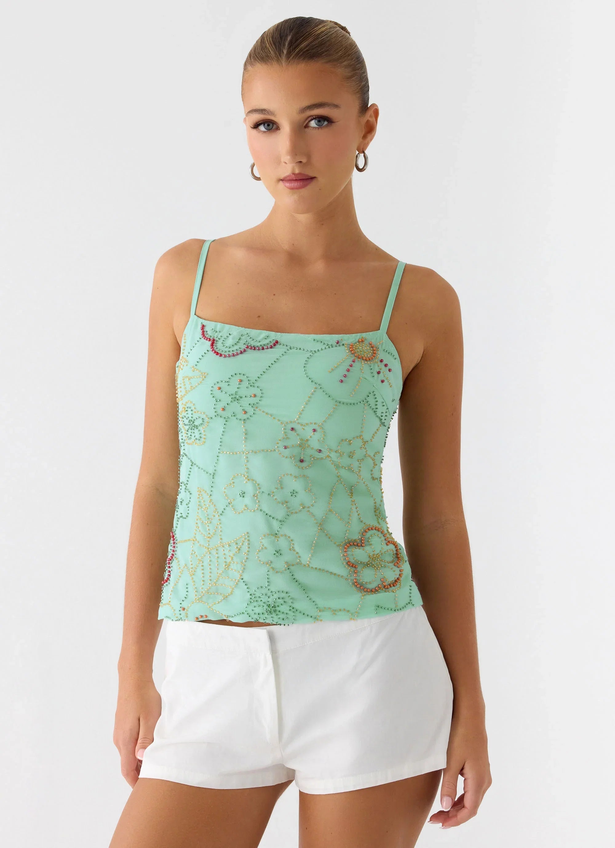 Be Alright Beaded Top Turquoise