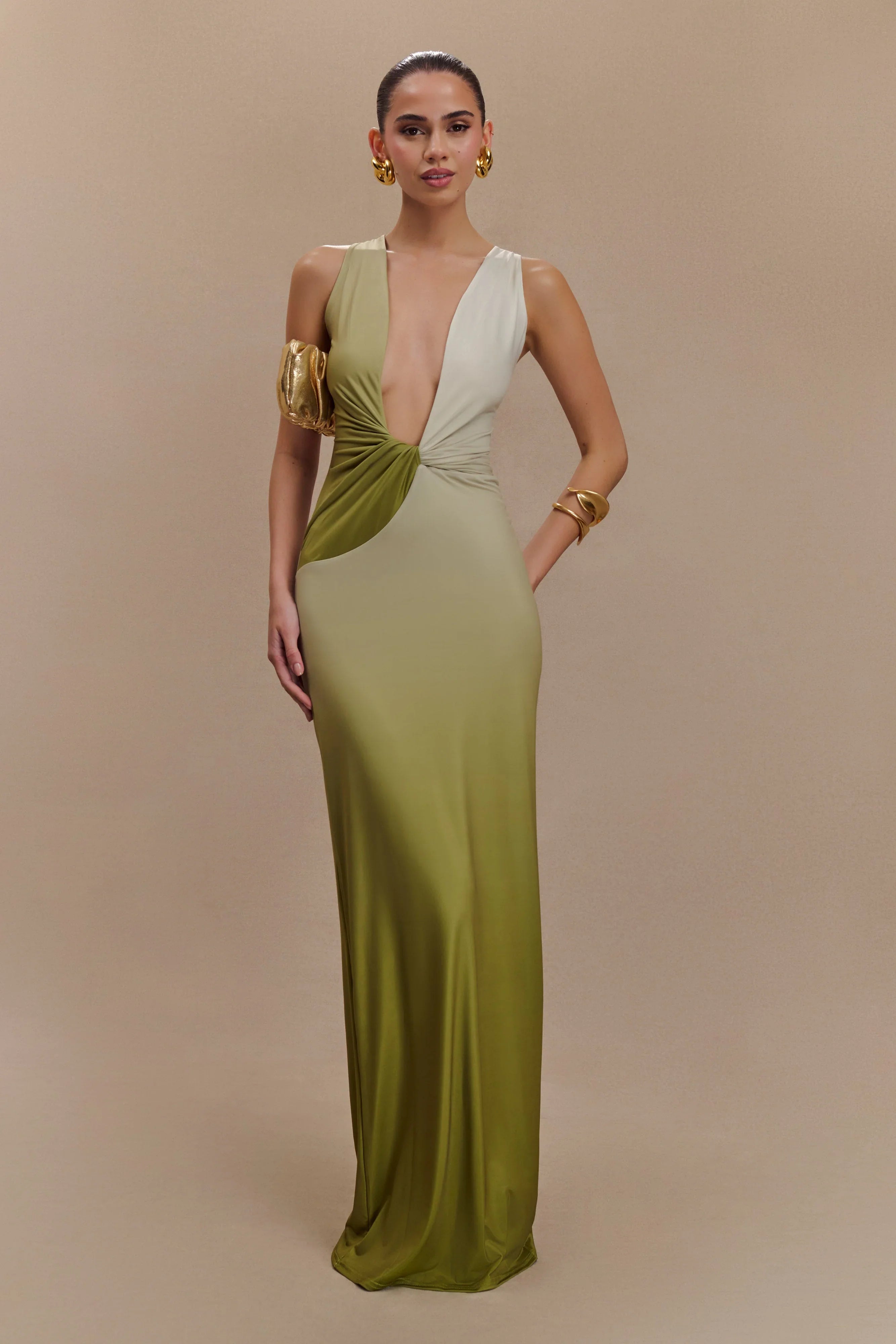 Stella Draped Slinky Maxi Dress Ombre Vintage Olive