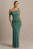 Tulisa Green Asymmetric Neck Maxi Dress With Twist Sleeves And Ruched Detailing