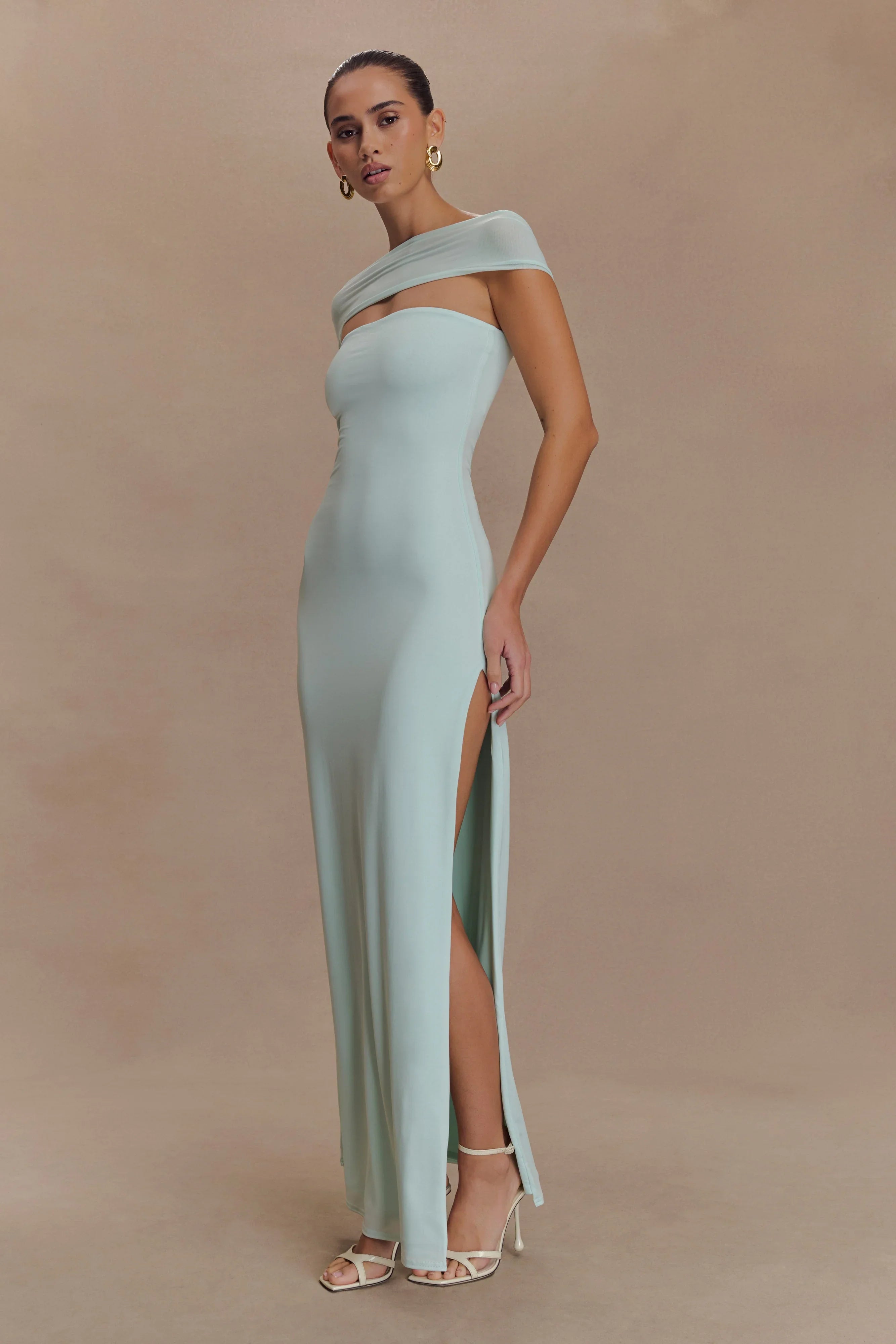 Aurora Slinky And Mesh Split Maxi Dress Lagoon