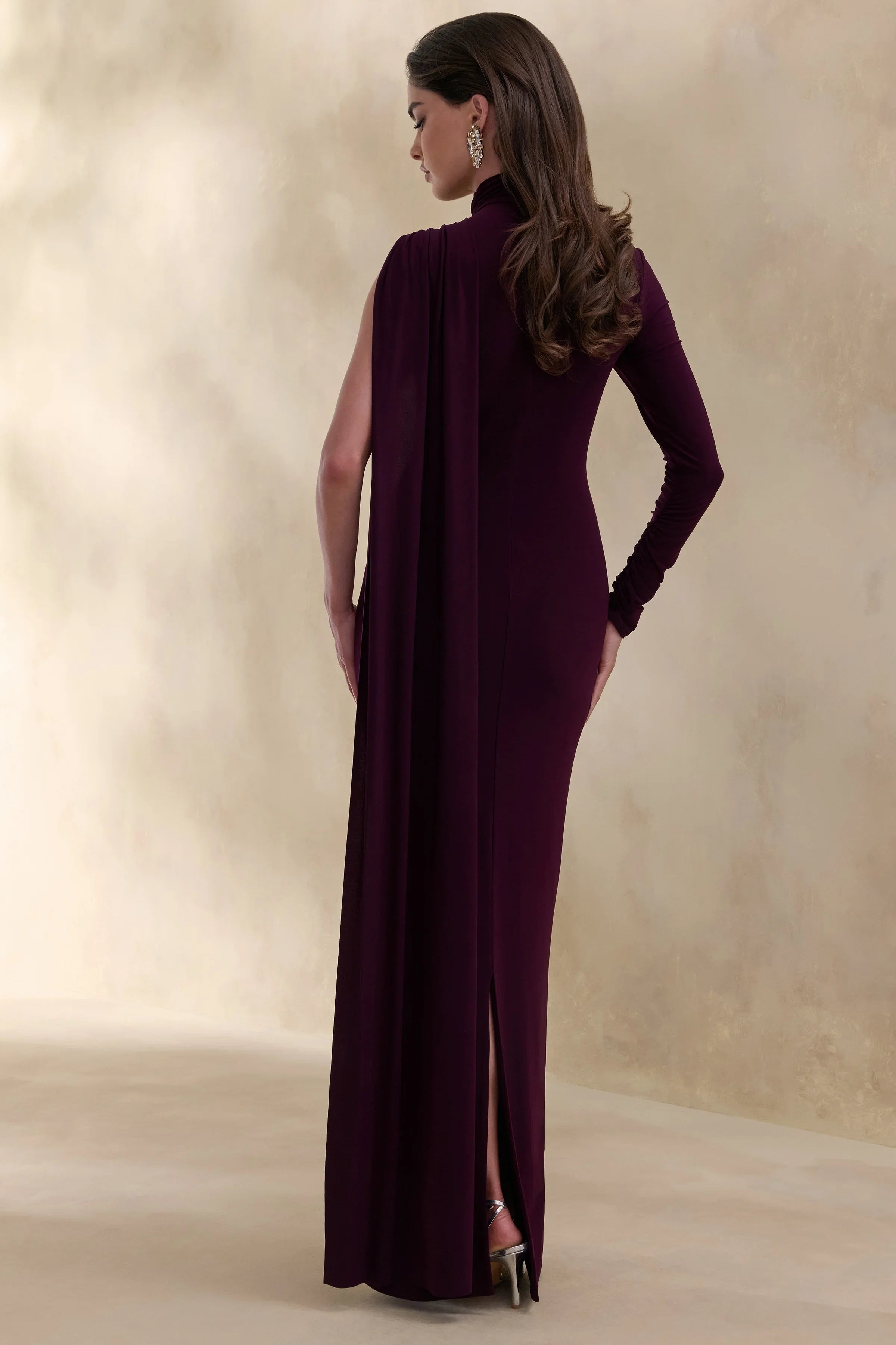 Oliria Dark Plum High Neck Maxi Dress With One Long Sleeve And Sash Detail