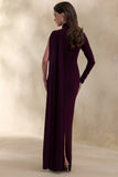 Oliria Dark Plum High Neck Maxi Dress With One Long Sleeve And Sash Detail