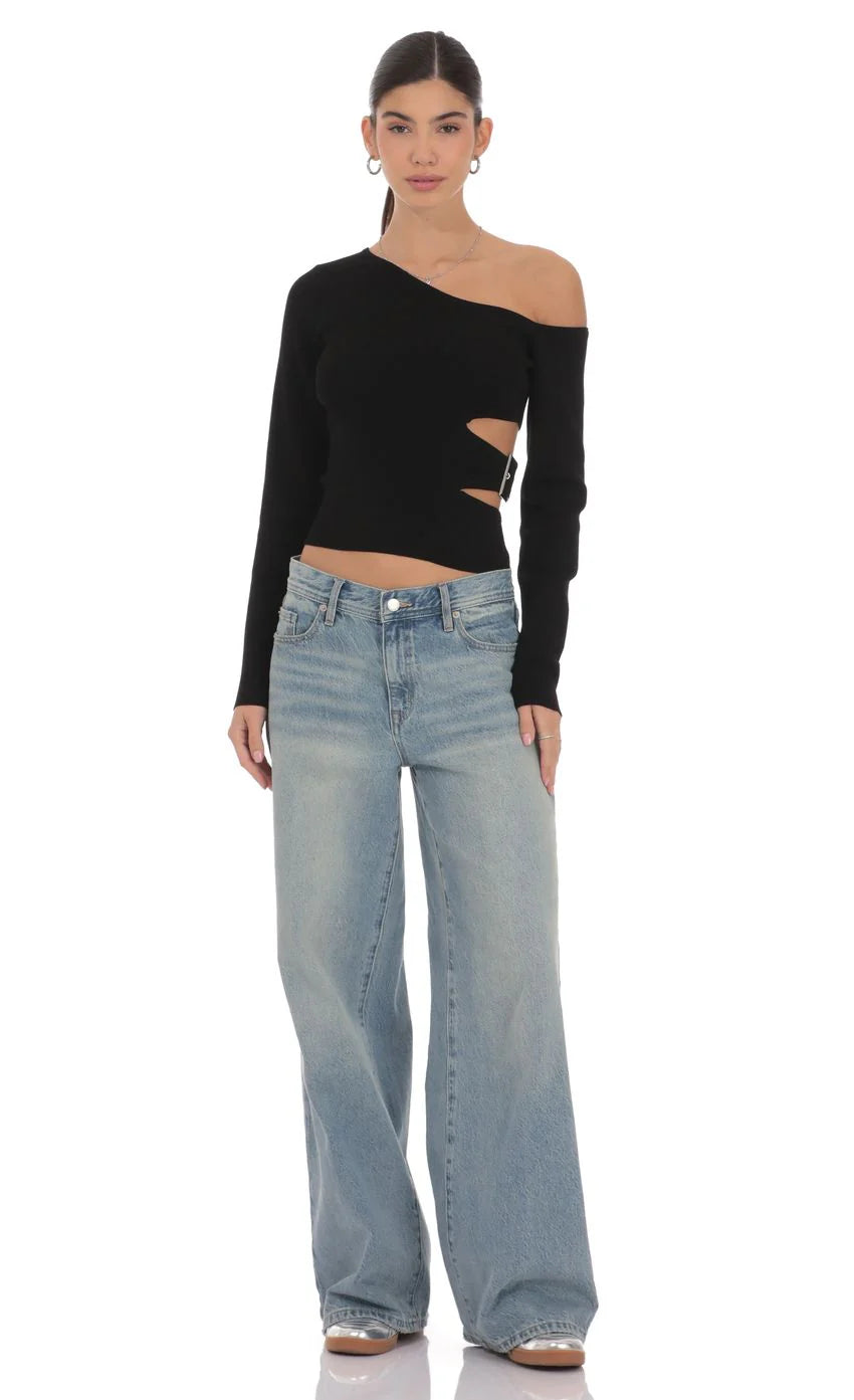 Cutout Buckle Off Shoulder Top in Black