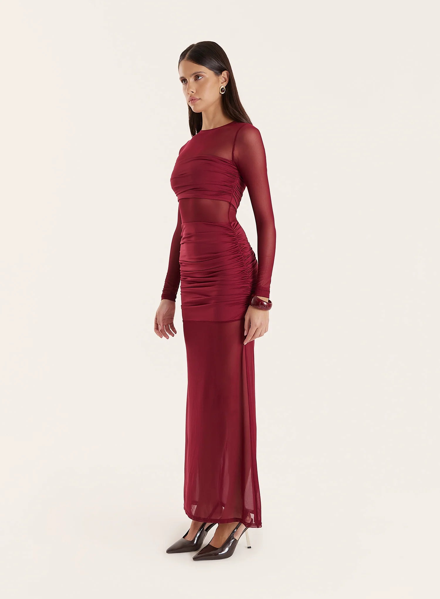 Burgundy Jersey And Mesh Mix Long Sleeved Maxi Dress