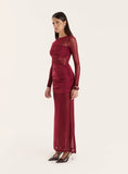 Burgundy Jersey And Mesh Mix Long Sleeved Maxi Dress