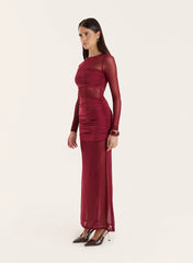 Burgundy Jersey And Mesh Mix Long Sleeved Maxi Dress