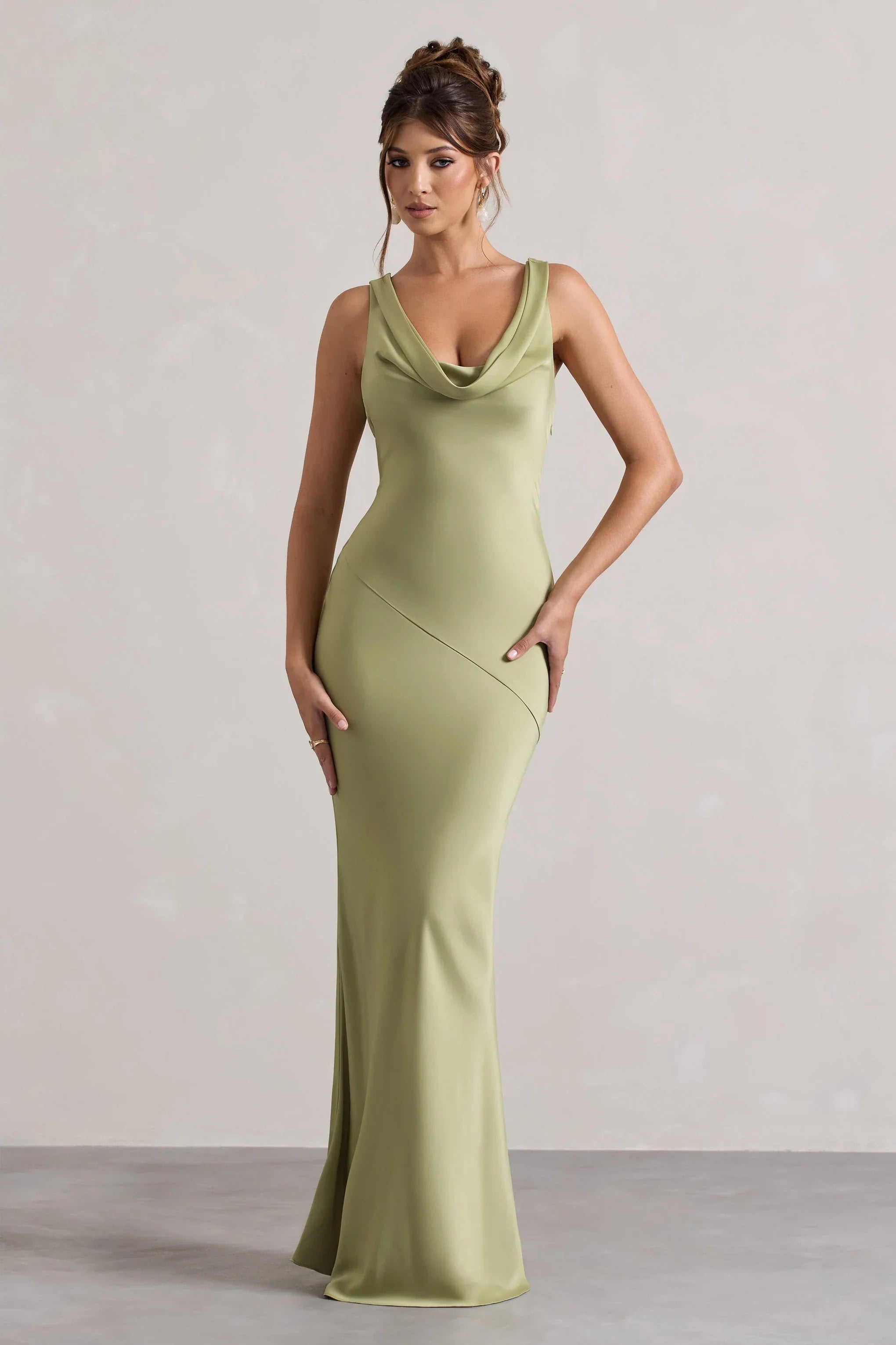 Alesso Light Olive Satin Cowl Neck Maxi Dress