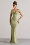 Alesso Light Olive Satin Cowl Neck Maxi Dress